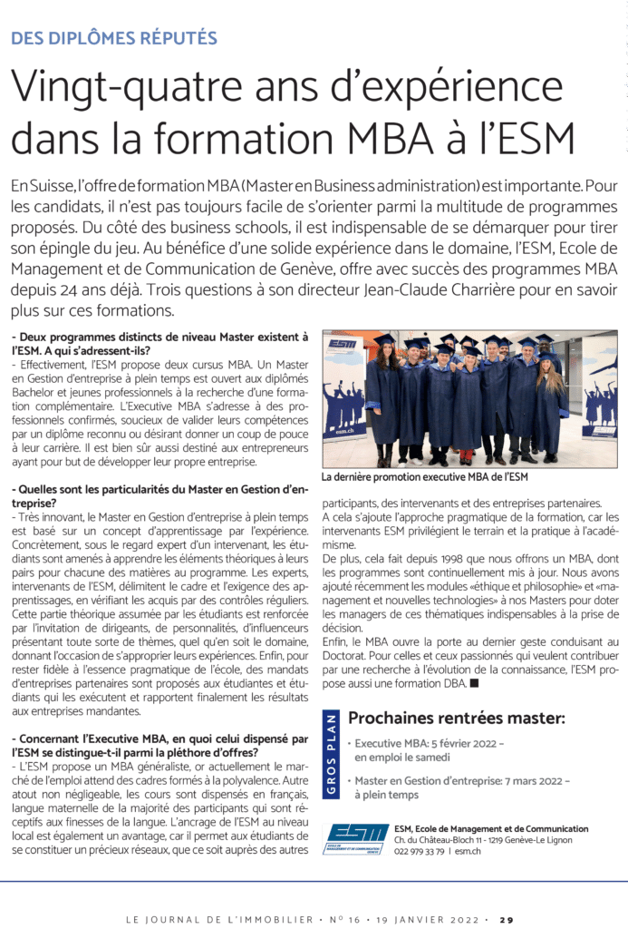 ESM - Le Temps Immobilier - 24 ans d'expérience dans la formation MBA à l'ESM - 19012022