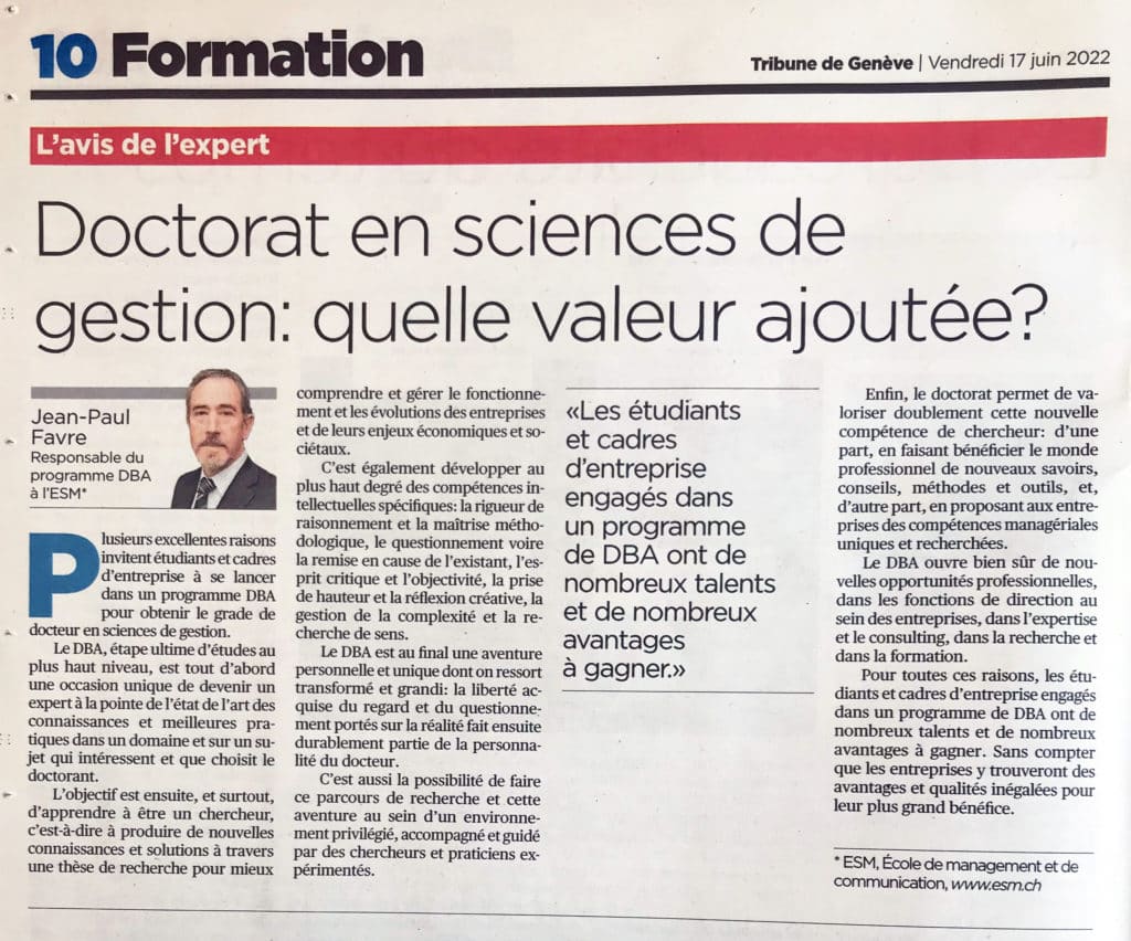 ESM - TdG - Avis expert - Doctorat en sciences de gestion: quelle valeur ajoutée - JP Favre